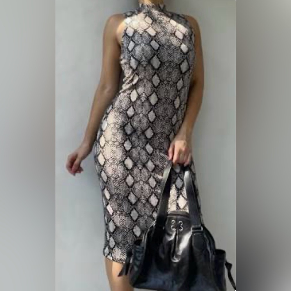 Caution To The Wind Black and Ivory Snake Print Midi Dress
